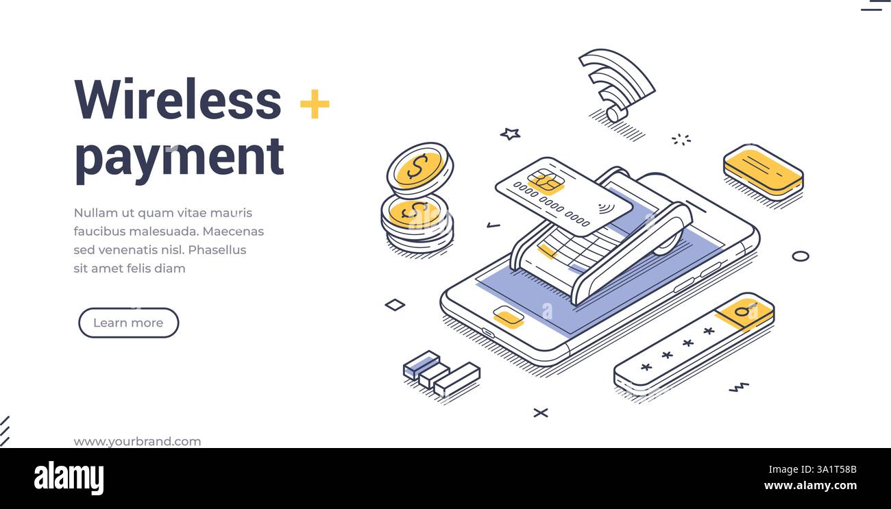 Modern wireless payment systems enhance convenience with quick transactions using smartphones. Web template showcases isometric design elements and fe Stock Vector