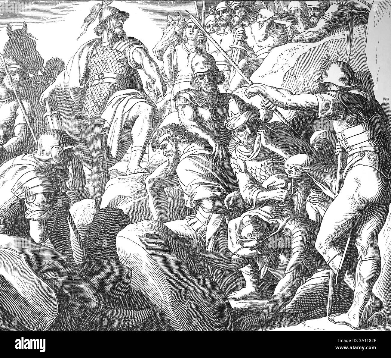 Bible. Joshua holds five kings in the cave at Makkedah. Book of Joshua ...