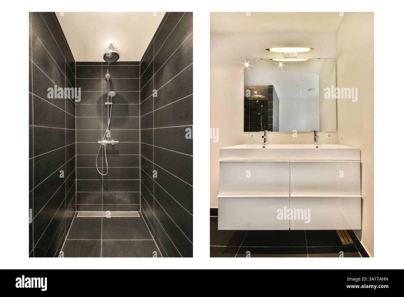 Sleek modern bathroom featuring a minimalist black shower area and a stylish white vanity with dual sinks, creating a chic space for relaxation. Stock Photo