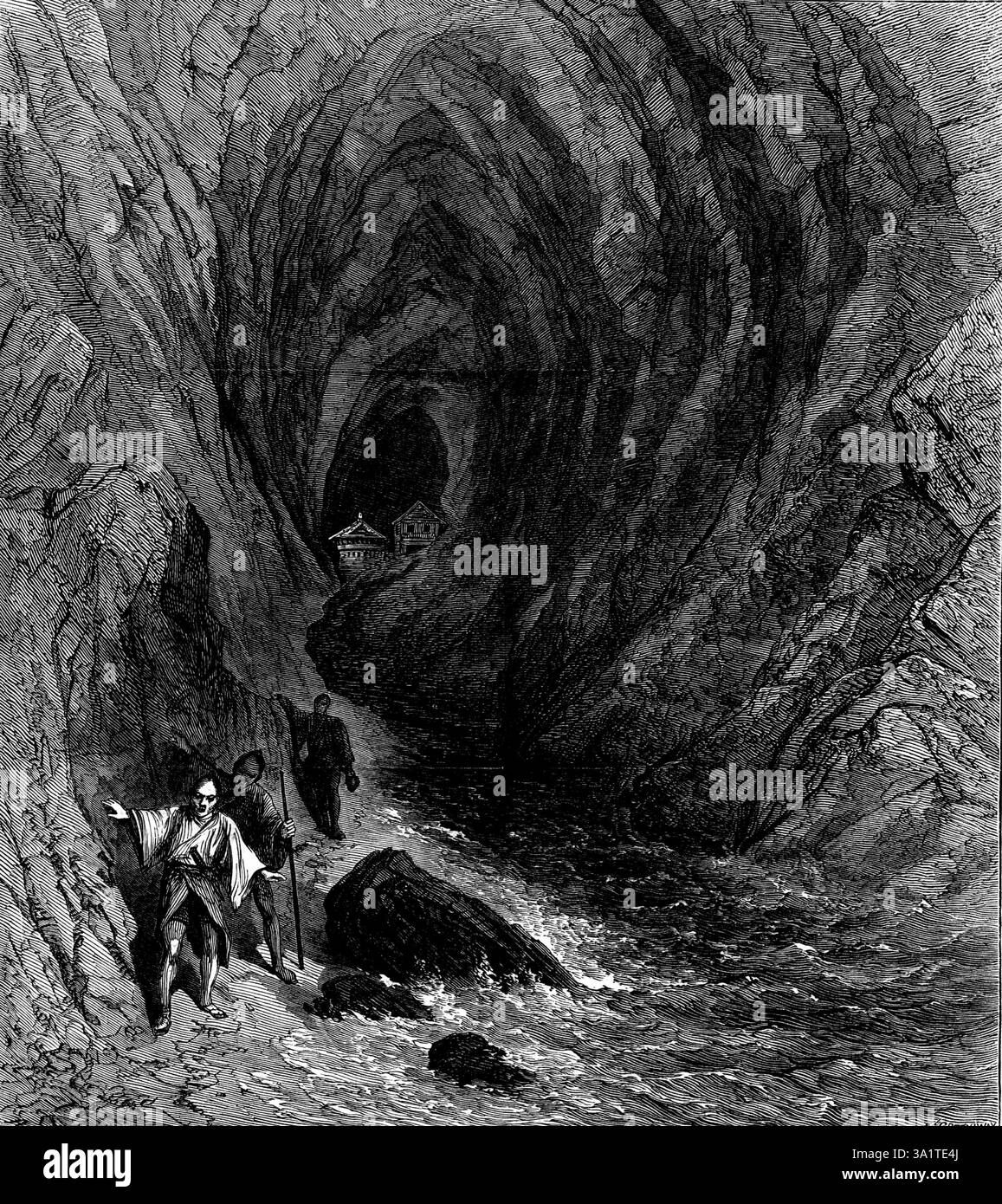 Sketches in China and Japan: the Cave of Moshima, Japan, 1873. Engraved from a sketch by '...our Special Artist, Mr. Simpson...He visited...the Cave of Moshima. This is an island about five or six miles to the west of Dai Bootz. There is a narrow neck of sand, which is dry at low water, and you can then walk or ride to the island. The name means the &quot;Island in the Bay.&quot; The cave seems to be a place of pilgrimage. You enter the village at the end of the neck of sand by a tori-&#xe9;, or gate, which is peculiar to temples in Japan, and you pass several of them on the path over the isla Stock Photo