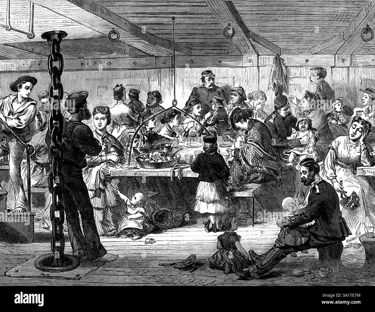 Life on board a troop-ship: dinner-time, 1873. Engraving from a sketch by Major W. O. Carlile, of the Royal Artillery, of lunch on board the Himalaya troopship. 'The beef, fresh or salt, or the salt pork, or preserved meat, with rice or potatoes, the meat essence, the preserved vegetables and pease for soup or broth, and the flour, suet, and raisins for pudding, have been in the hands of the cooks for two hours. Each mess-table is crowded,...from fifteen to twenty in number, with a sergeant or corporal at their head. The tin can at the upper end of the table holds soup or porter. The allowance Stock Photo