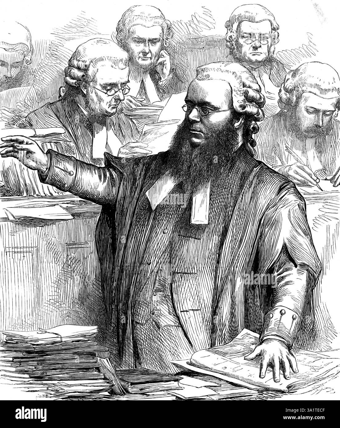 Trial of the Tichborne Claimant: Dr. Kenealy concluding his address, 1873. 'The Court of Queen's Bench has been listening twenty days and more to the lengthened speech of Dr. Kenealy, as counsel for the person, indicted as Arthur Orton, who is charged with the crime of perjury in his claim to be regarded as Sir Roger Tichborne. That learned advocate, whose tone and manner of speaking are somewhat unusual at the Bar, frequently incurs the check of a remonstrance from the Judges, in which he is not always disposed to acquiesce. His figure and attitude are shown in the sketch that furnishes an Il Stock Photo