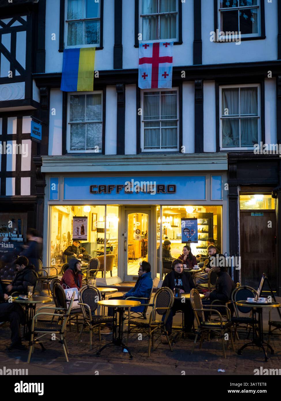 Ukrainian Flag, and Flag, above Cafe Nero, Kings Parade