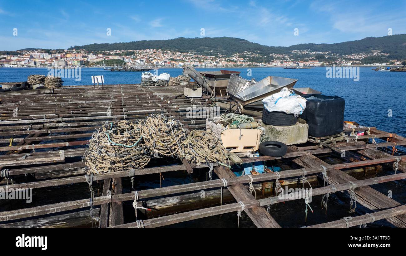 Sea Rias Bateas traditional aquaculture platform to cultivate mussels in the sea ...