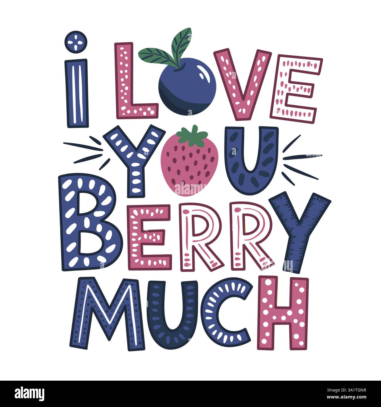 Love you berry much - hand written lettering in cute kids letters. Cartoon funny inscription on white Stock Photo