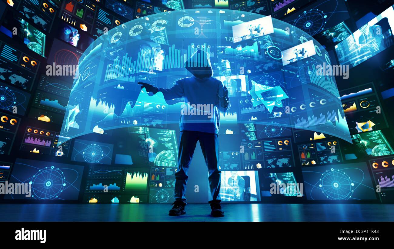 Hacker in hoodie interacting with futuristic holographic data interface surrounded by cybersecurity analytics. Stock Photo