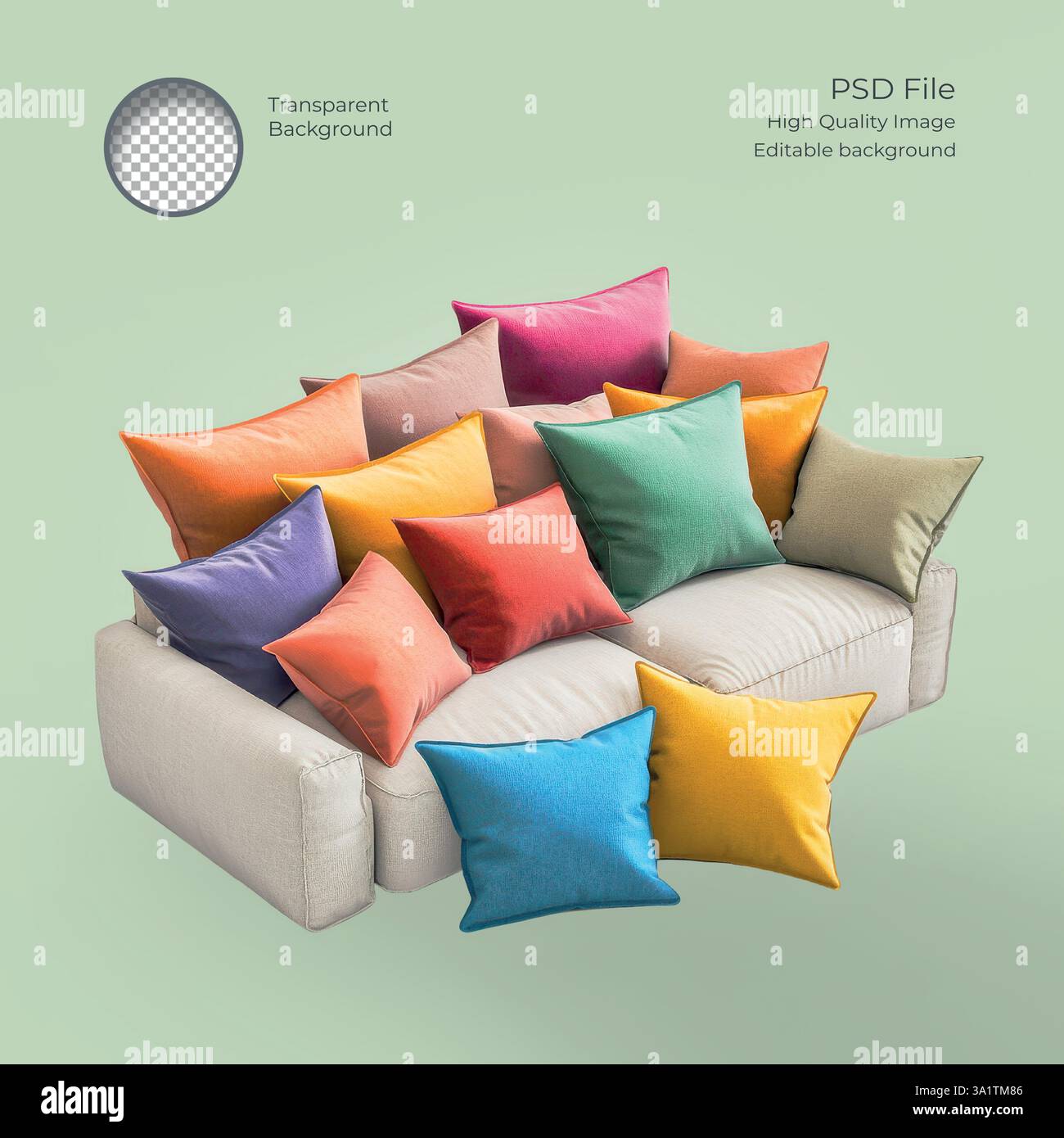 A Set of Colorful Cushions Resting on a Modern Sofa Composed with a Transparent Background Stock Vector
