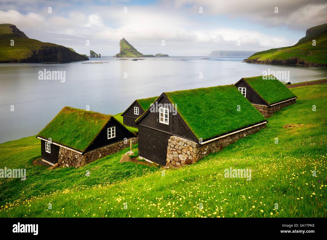 Tradicional faroese grass - covered houses in the village Bour ...