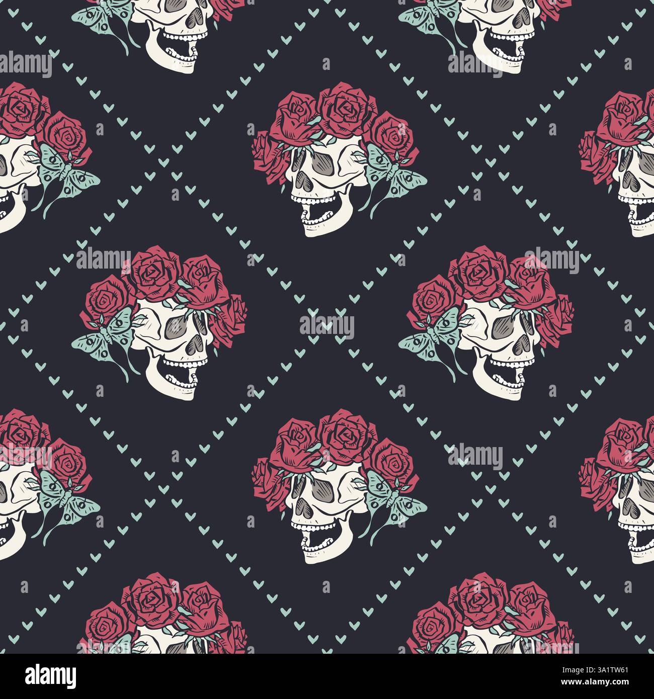 Seamless pattern with hand drawn human skulls in rose flowers wreath inside trellis Stock Vector