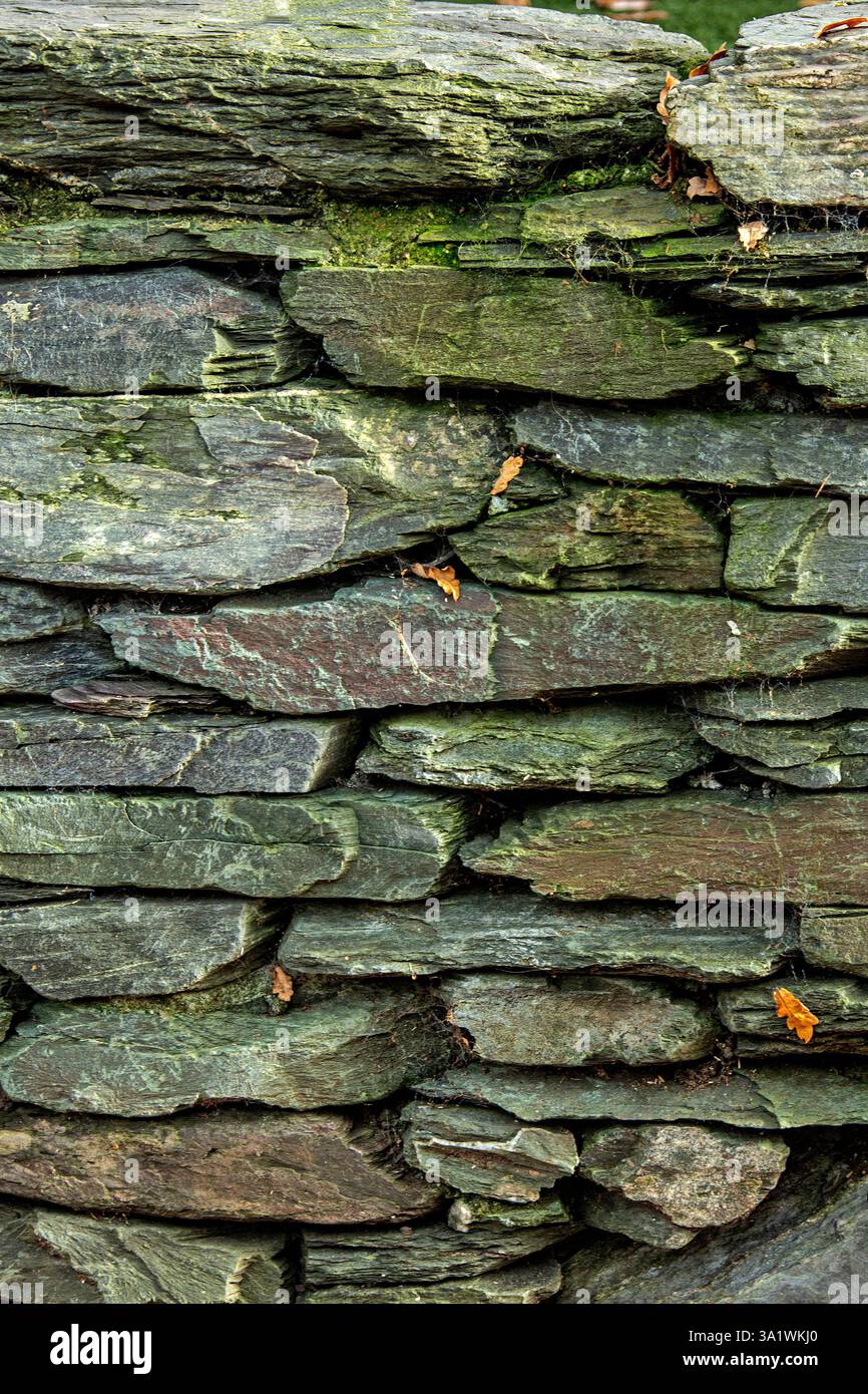 A blue grey uncut slate brick wall Stock Photo
