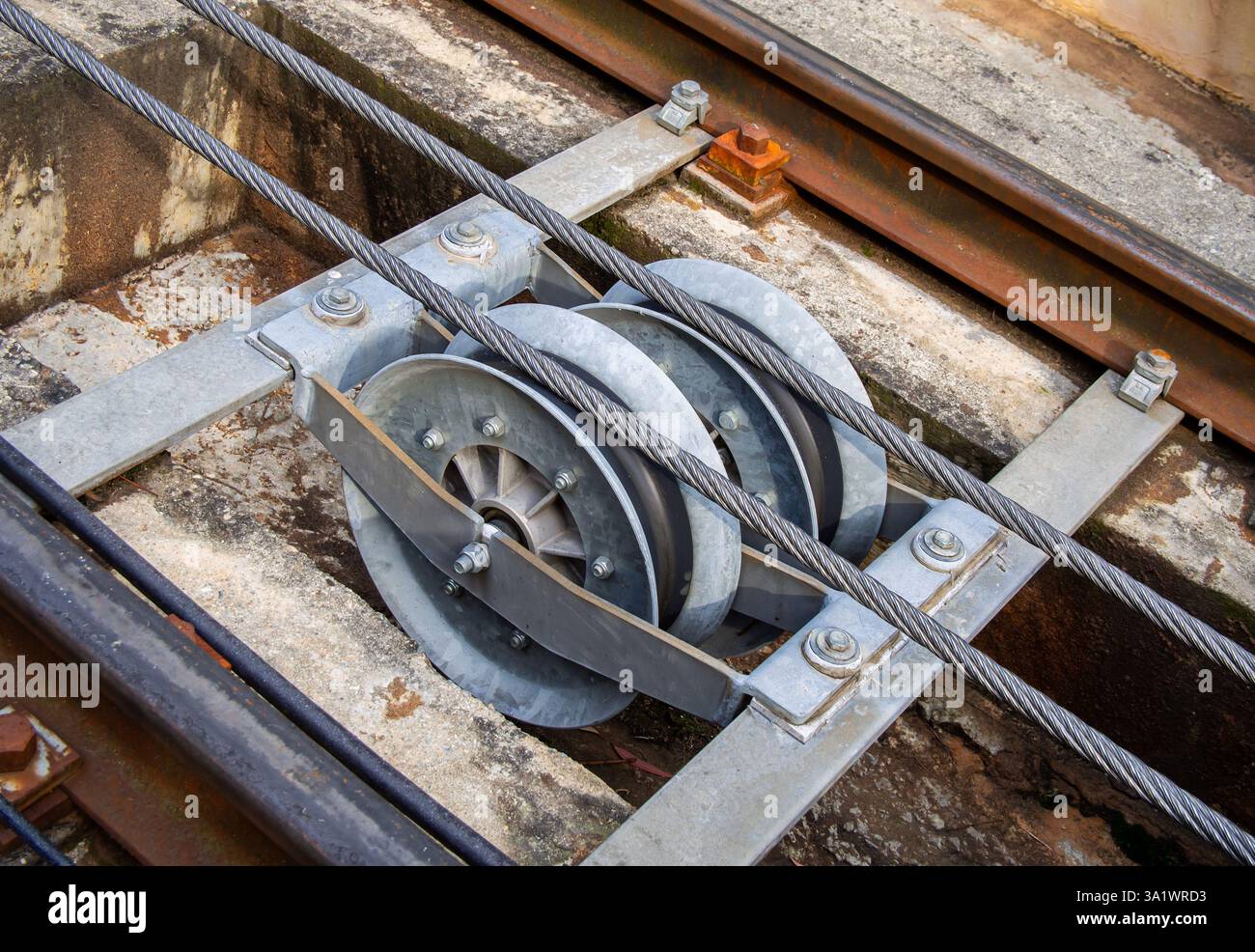 Rollers of the support mechanism of the funicular drive cable Stock ...