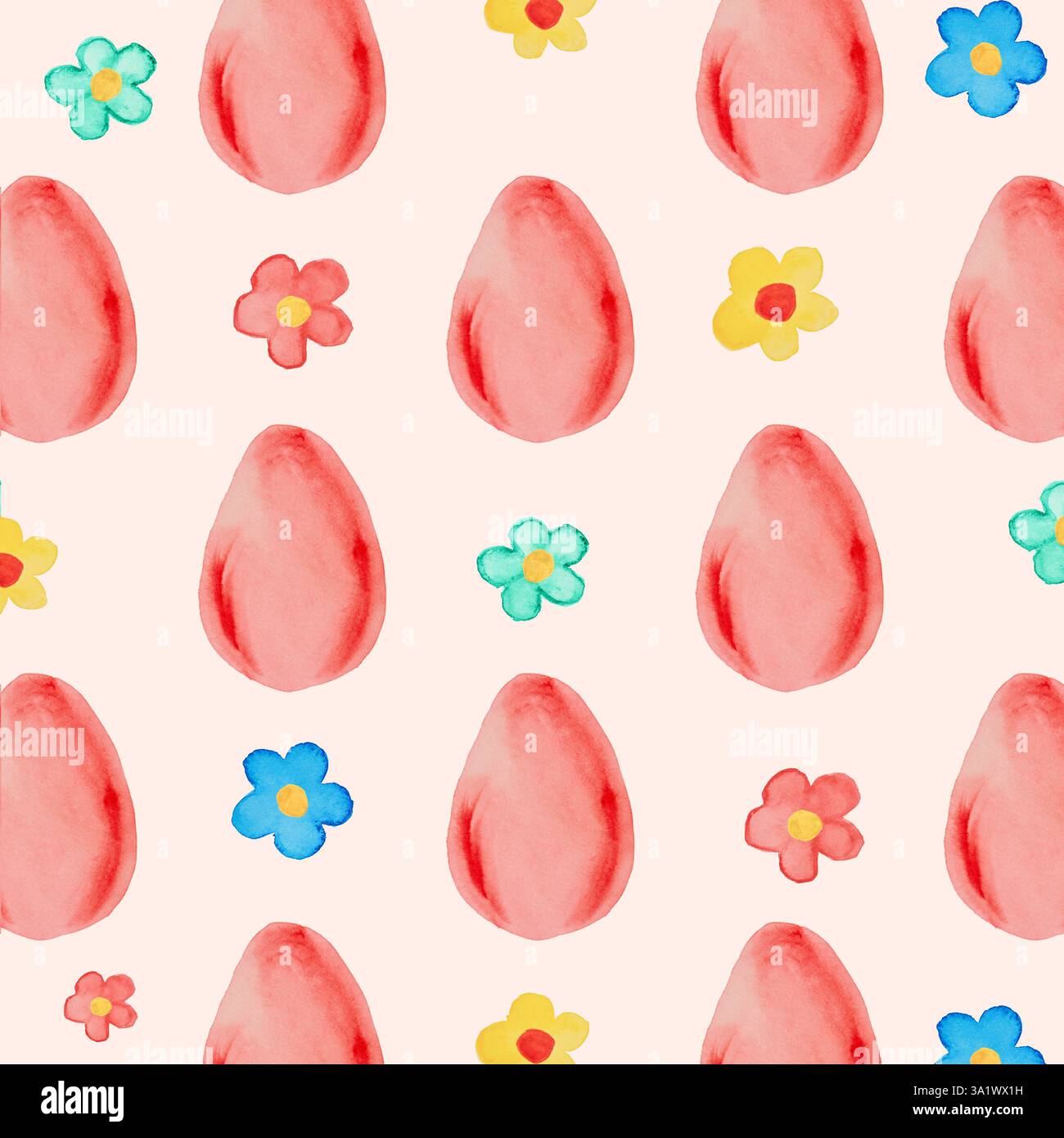 Seamless pattern with red watercolor easter eggs and flowers on beige background. Objects for design. Easter concept. Stock Photo
