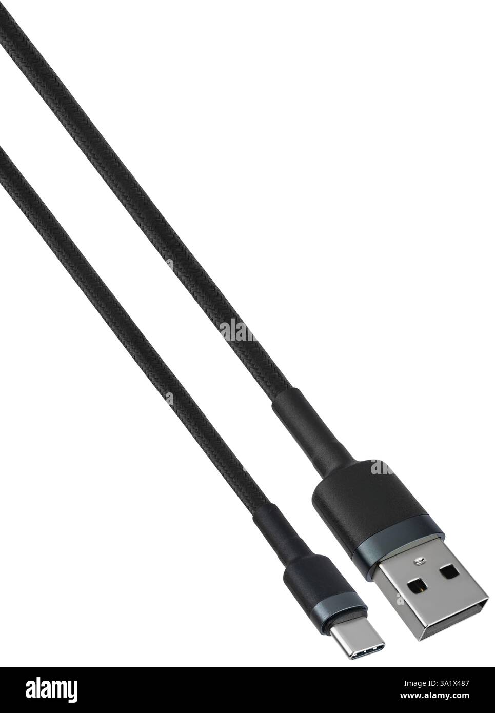 Flexible and durable cable with Type-C and USB connectors. Stock Photo