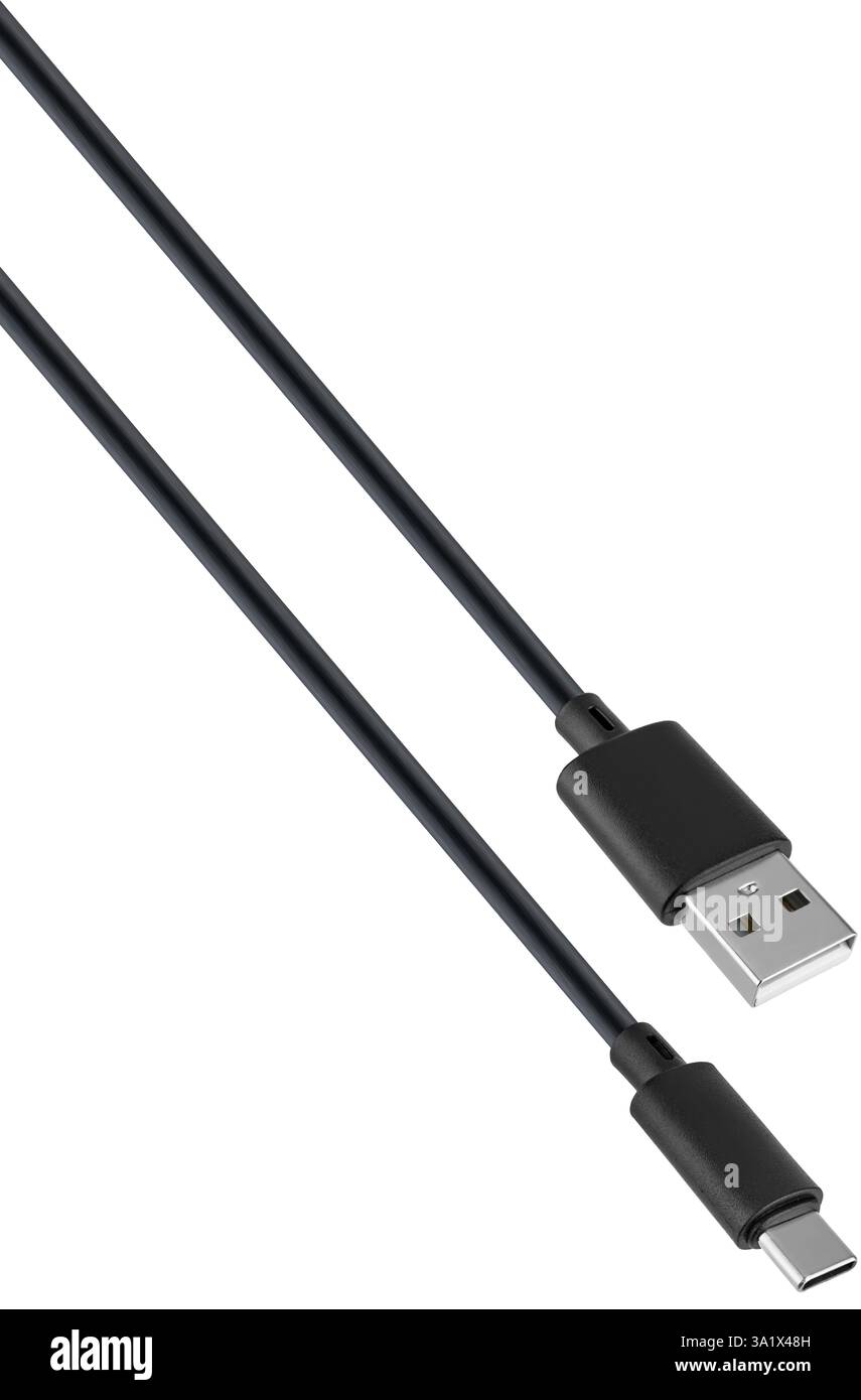 Flexible and durable cable with Type-C and USB connectors. Stock Photo