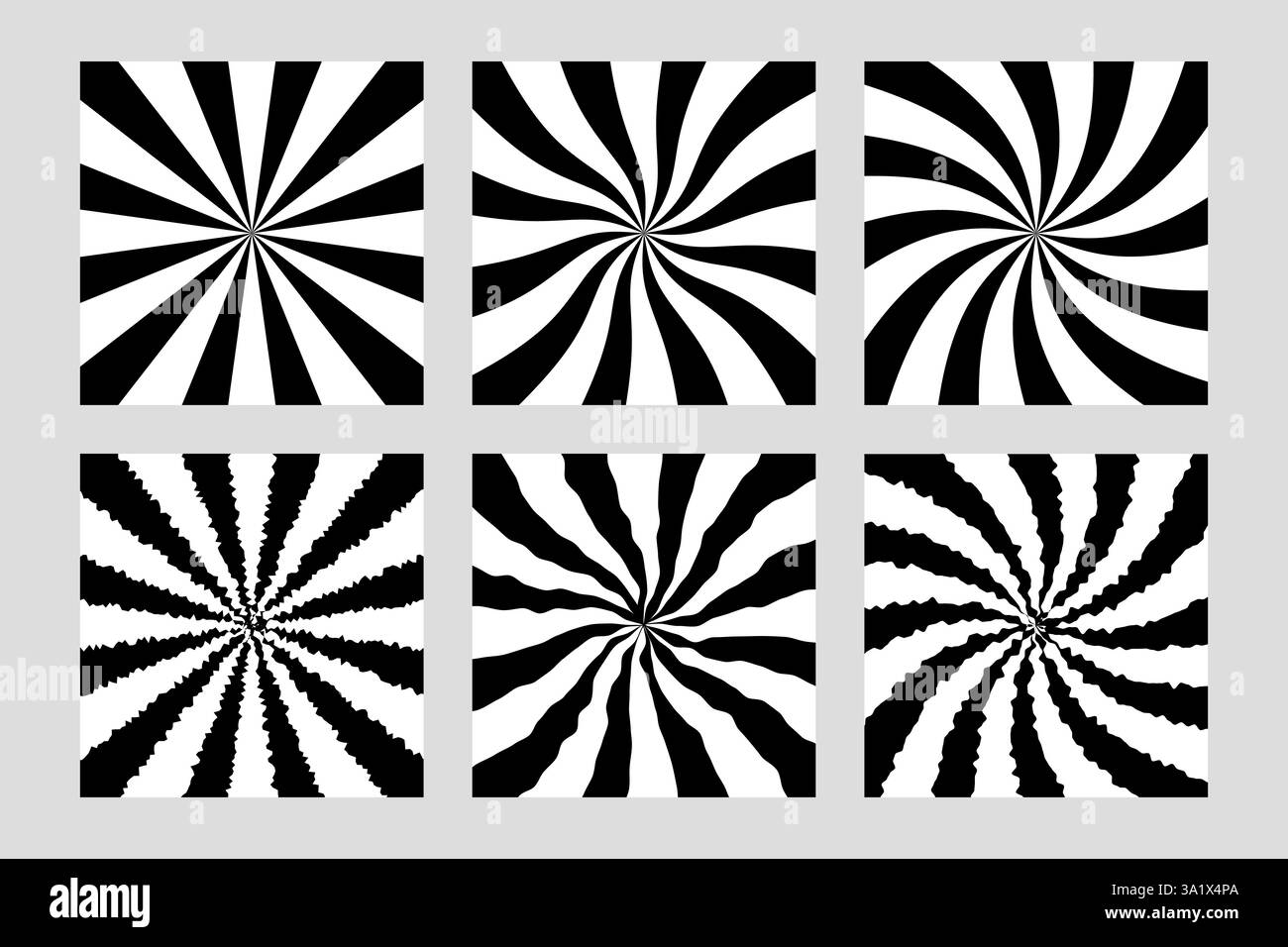 Six square backgrounds creating hypnotic swirling patterns Stock Vector