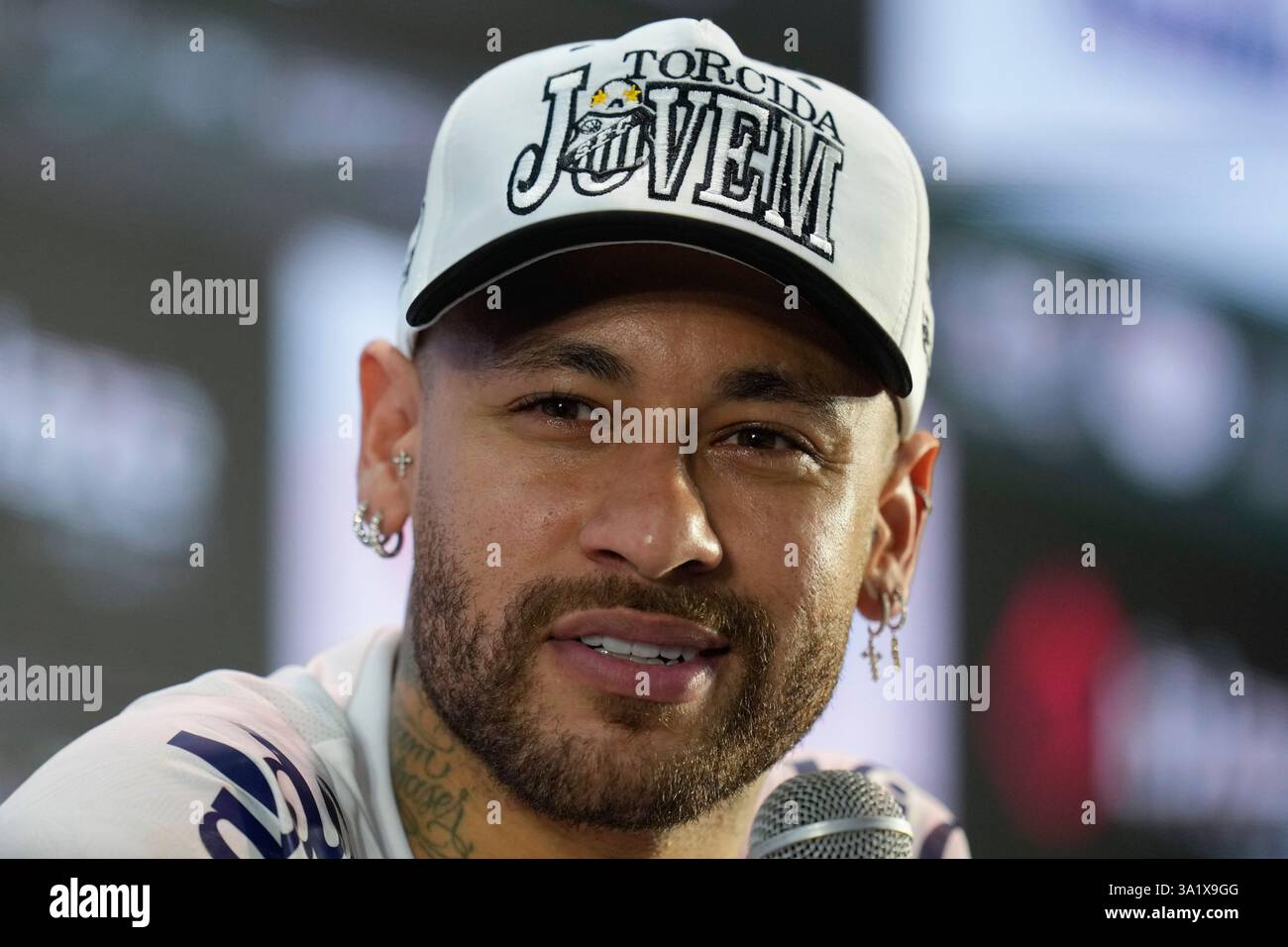 FILE - Brazilian soccer player Neymar gives a news conference in Santos