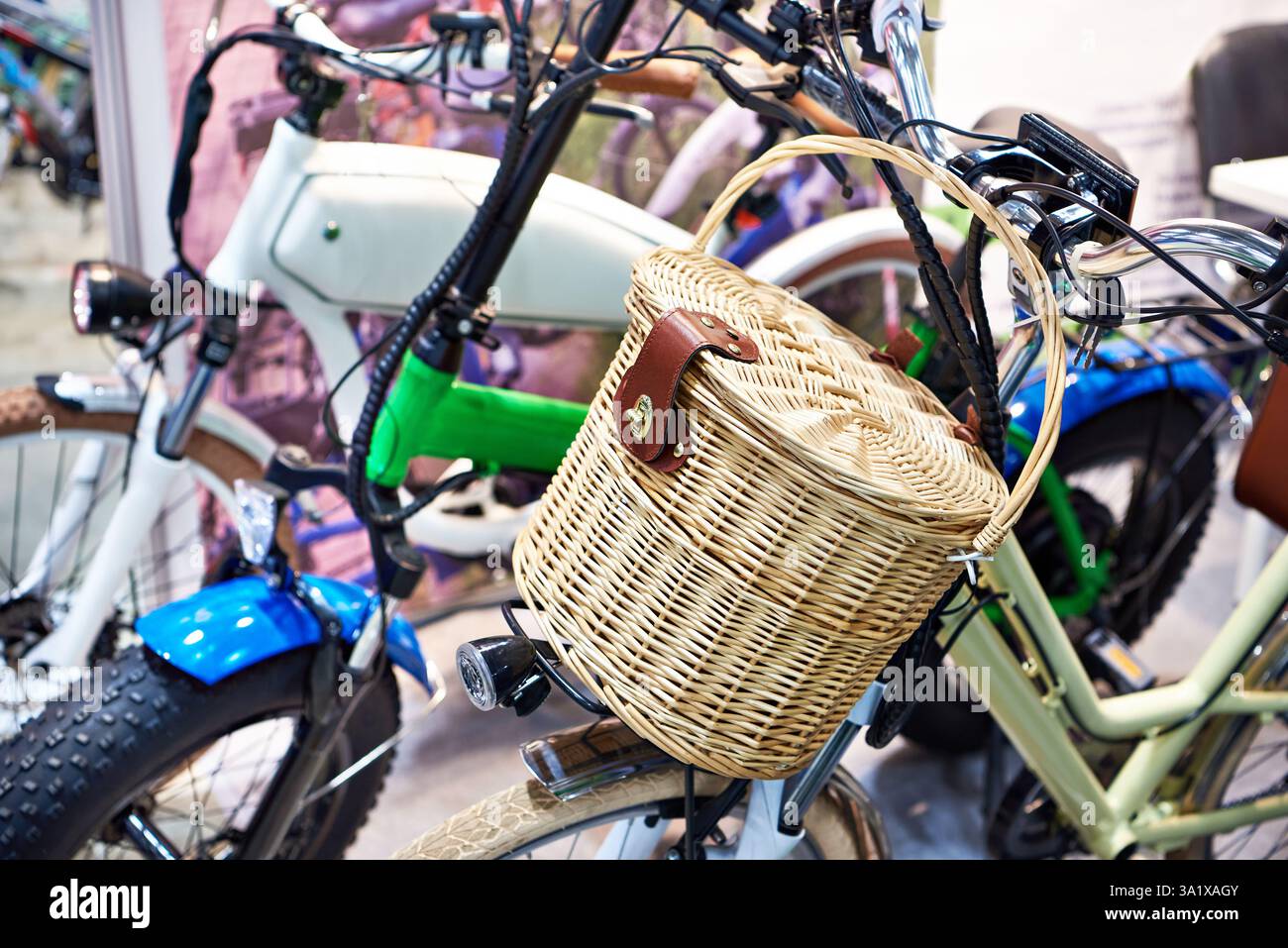 Vintage wicker basket on a bicycle Stock Photo