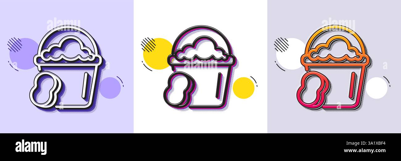 Cleaning bucket with sponge line icon. Halftone dotted pattern. Vector Stock Vector