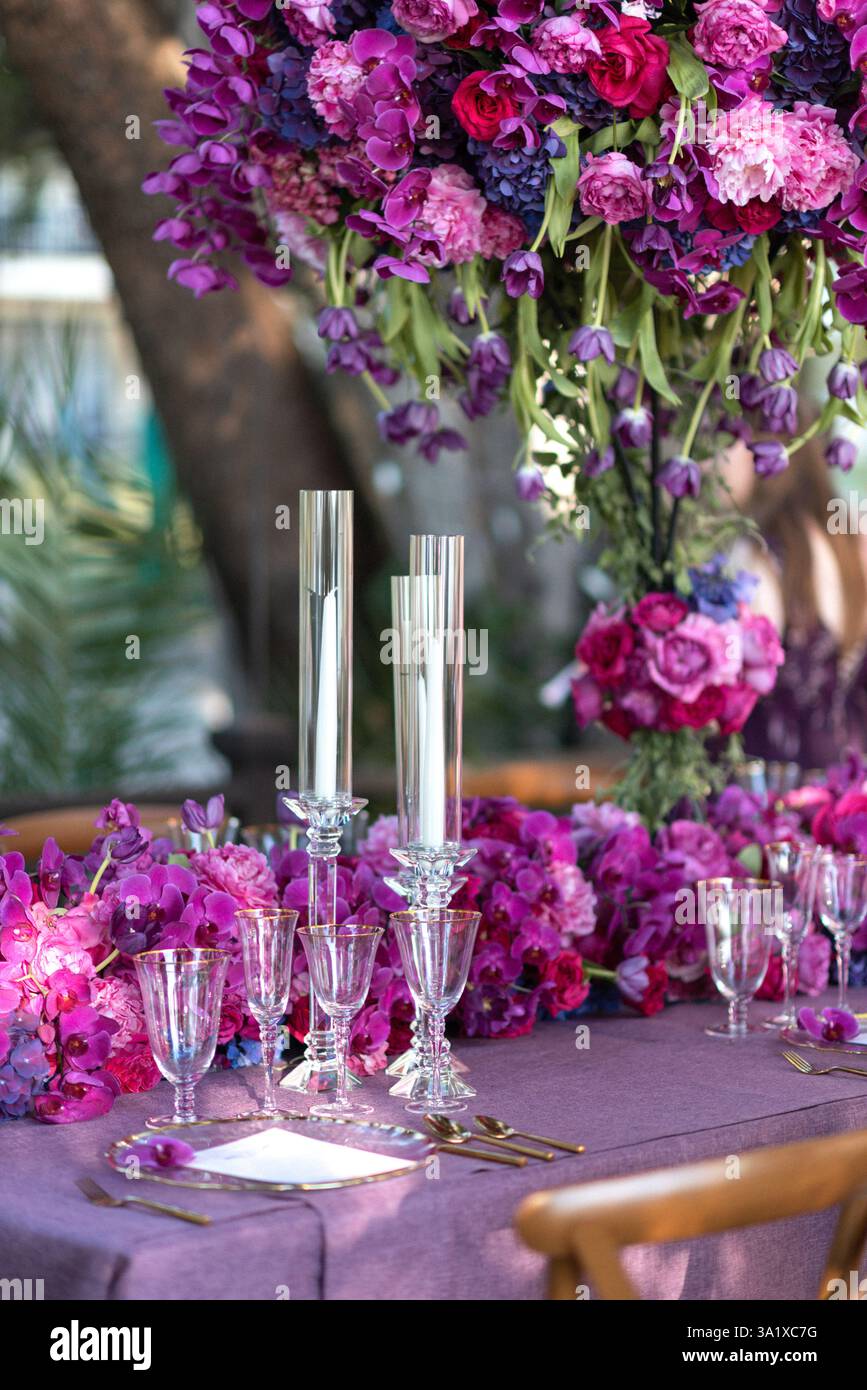 Outdoor Wedding Reception with Stunning Floral Arrangements Stock Photo