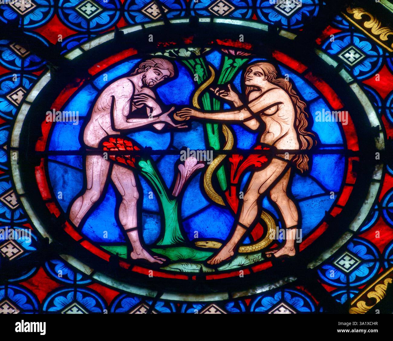 Dijon, FRANCE - 01-30-2025: Stained glass (19th century) of Adam and ...