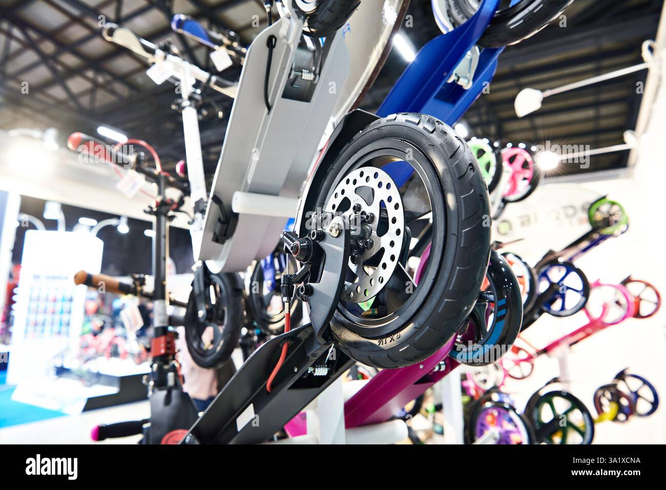 Scooter disc brake wheel in sporting goods store Stock Photo