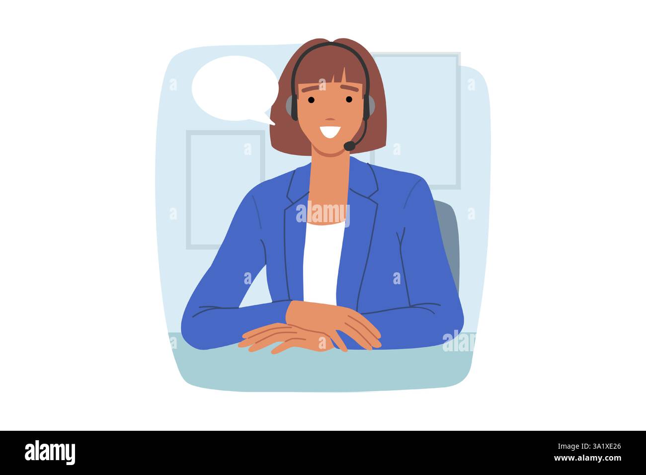 Woman call center operator smiles while sitting at office desk, using headset to consult clients Stock Vector