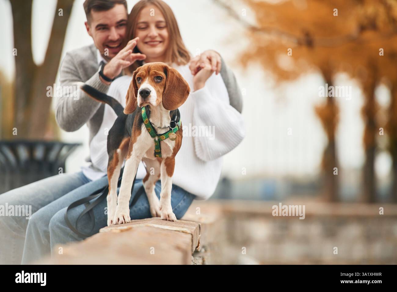 Smiling, having fun. Lovely couple are with their cute dog outdoors. Stock Photo
