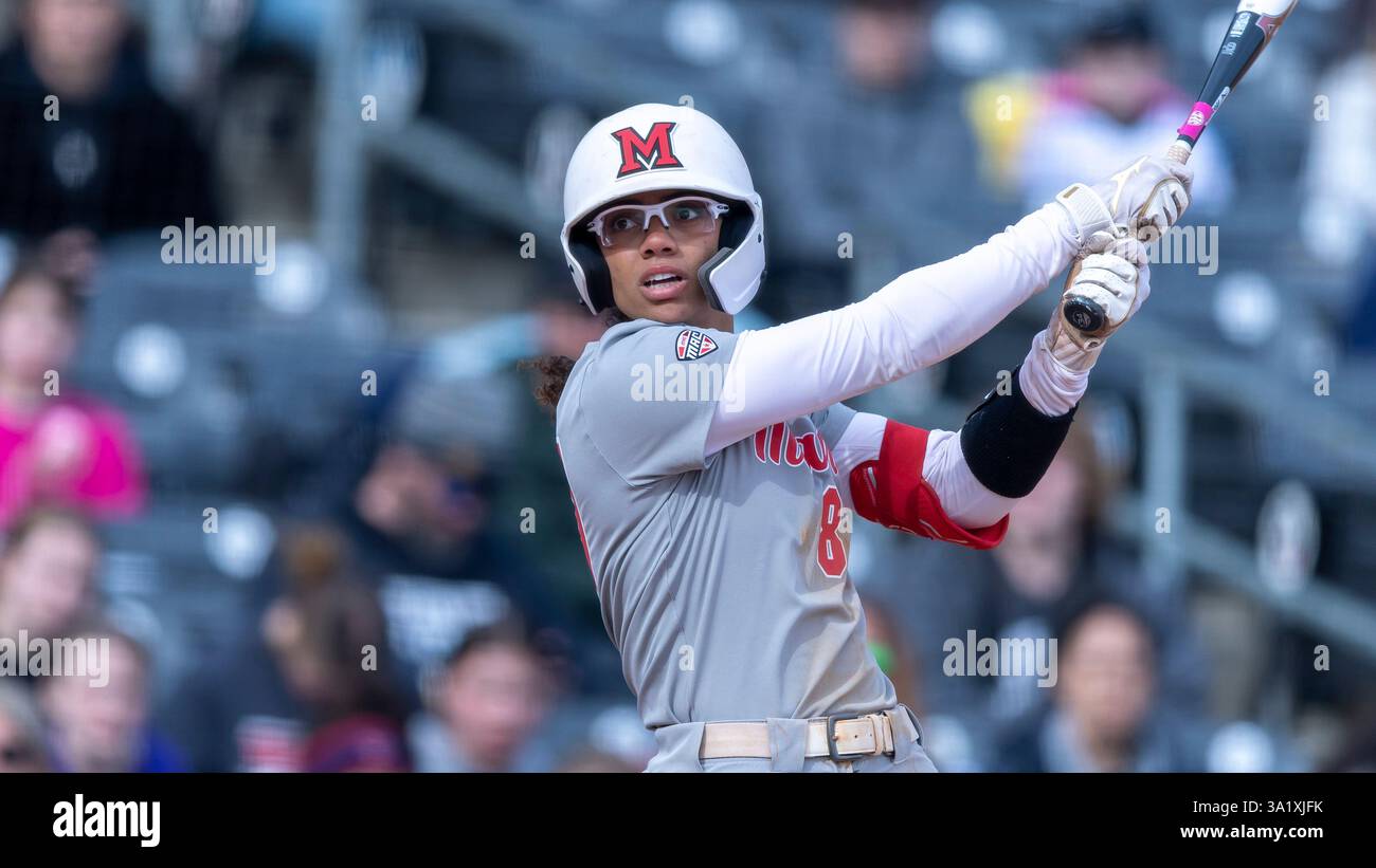 Miami of Ohio infielder Ella Carter (87) during an NCAA softball game ...