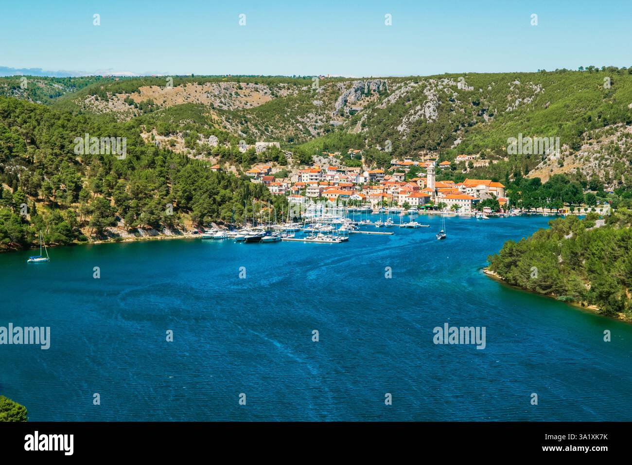 Town of Skradin on Krka river in Dalmatia, Croatia viewed from distance ...