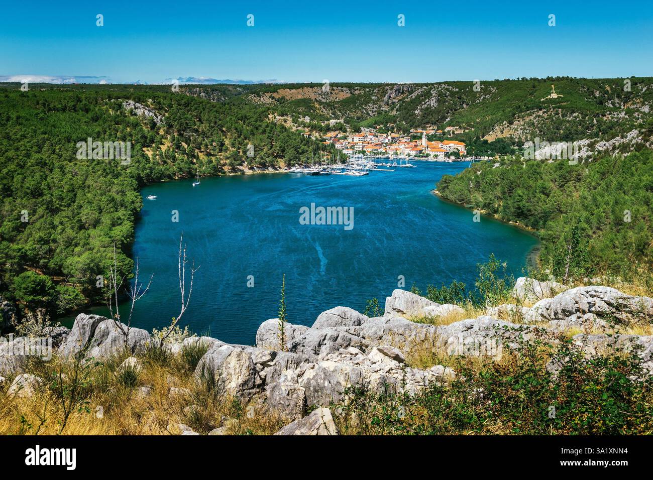 Town of Skradin on Krka river in Dalmatia, Croatia viewed from distance ...