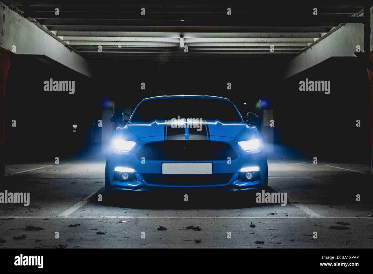 2018 Ford Mustang GT S550 5.0 head-on with headlights / dipped beam and sidelights Stock Photo