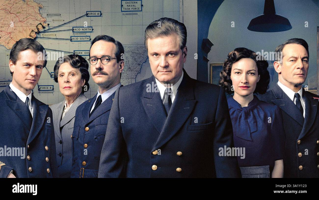 OPERATION MINCEMEAT  2021 Warner Bros. Pictures film with from left:Johnny Flynn, Penelope Wilton, Matthew Macfadyen, Colin Firth, Kelly Macdonald, Jason Isaacs Stock Photo
