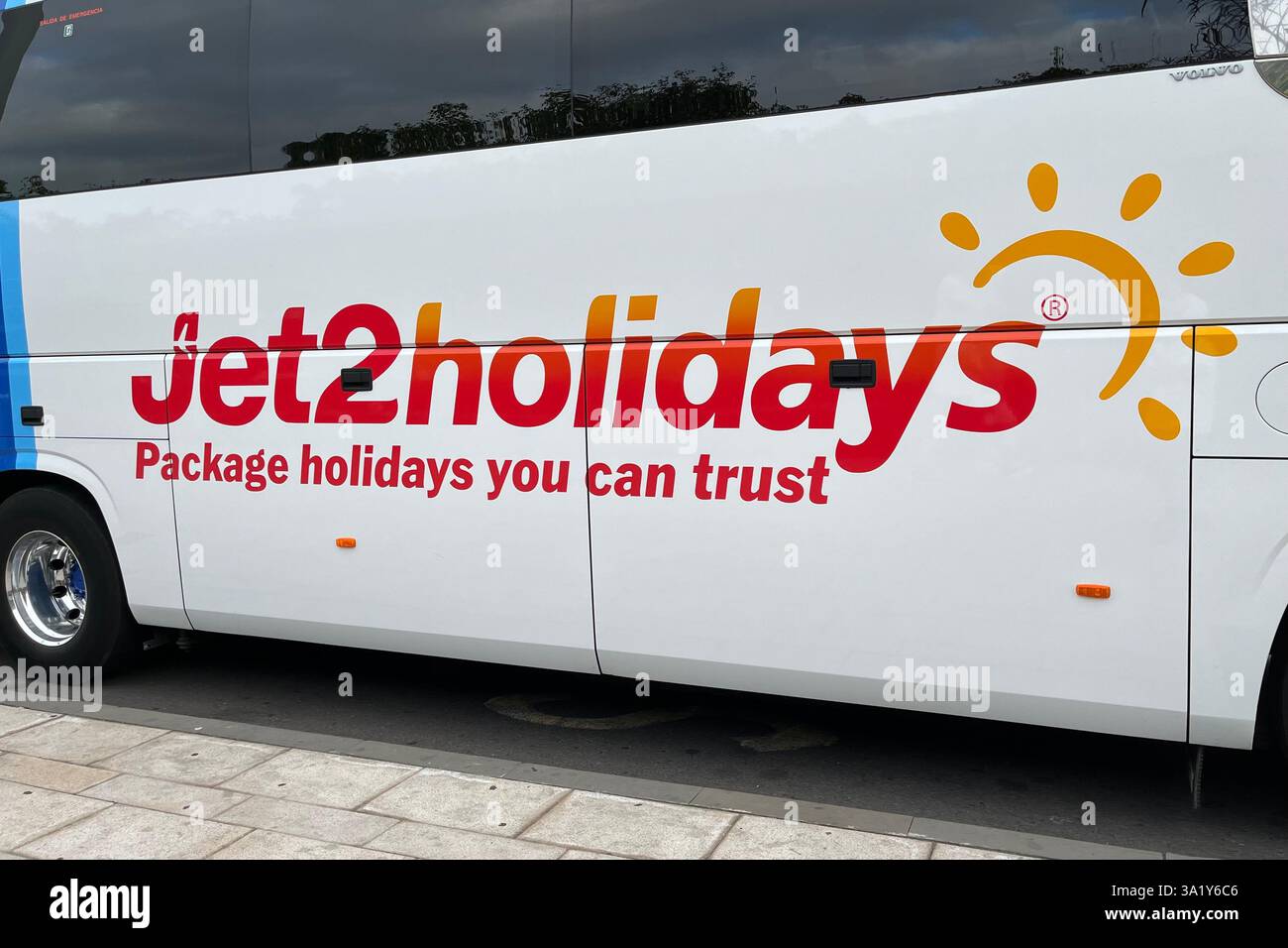 Jet2holidays Logo on the side of a Transfer Coach. Costa Adeje, Tenerife, Canary Islands, Spain. 29th January 2025. - Smartphone Captured Stock Image