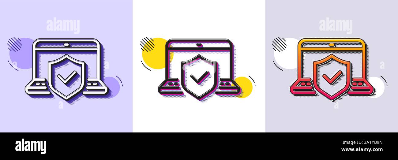 Laptop insurance hand line icon. Risk coverage sign. Halftone dotted pattern. Vector Stock Vector