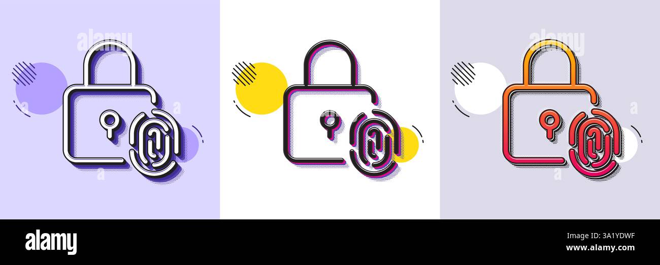 Fingerprint lock line icon. Finger print scan sign. Halftone dotted pattern. Vector Stock Vector