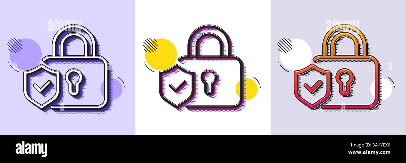 Security lock line icon. Cyber defence shield sign. Halftone dotted pattern. Vector Stock Vector