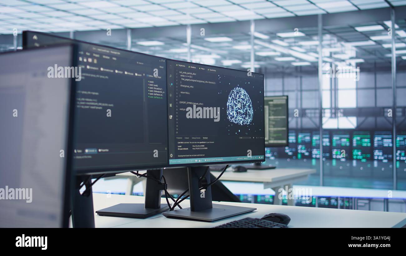 Interlinked computers in data center creating server network, using parallel computing to perform complex calculations and process large amounts of data, close up panning shot Stock Photo