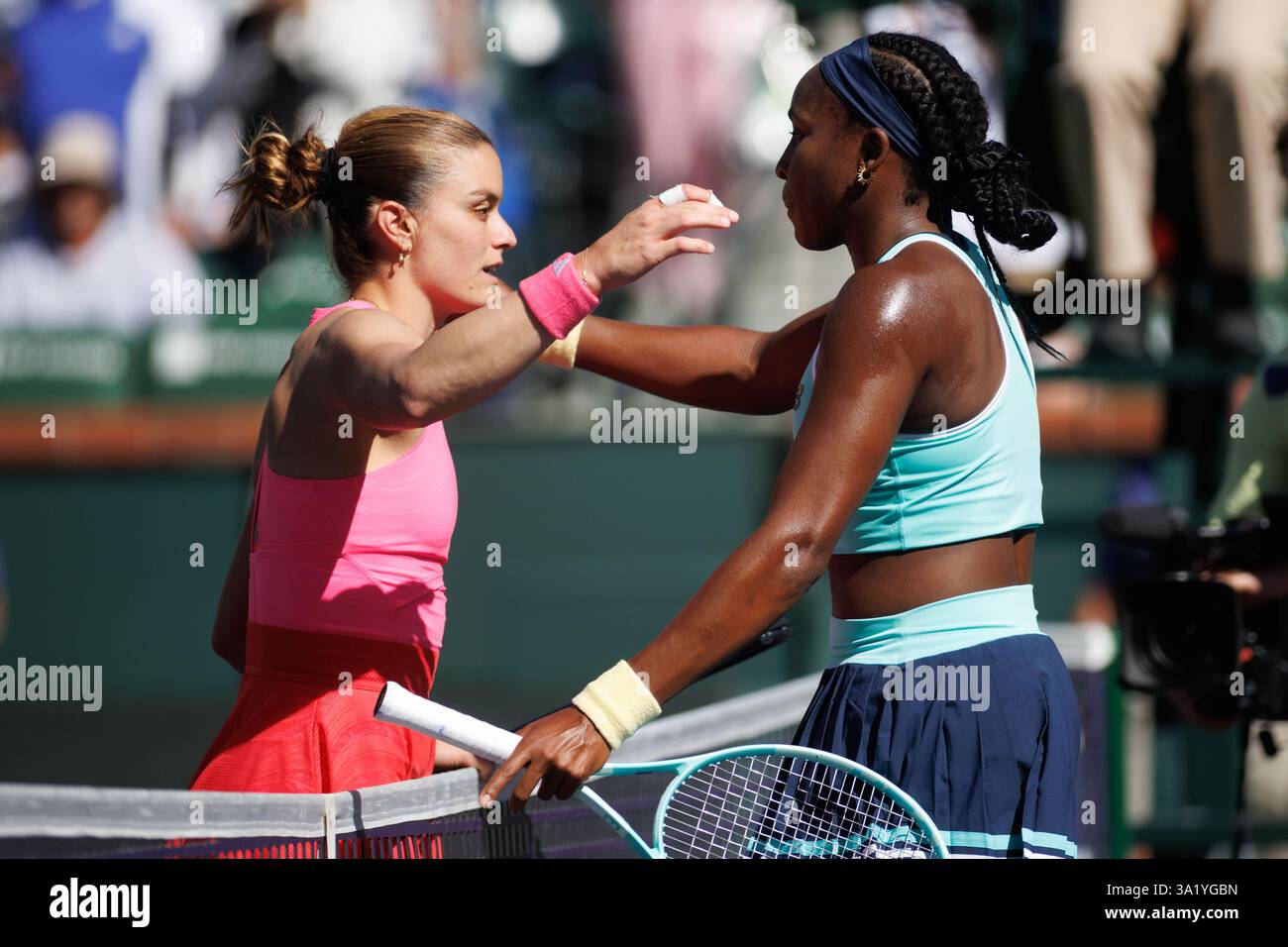 March 10, 2025 Coco Gauff (USA) and Maria Sakkari (GRE) exchange hugs