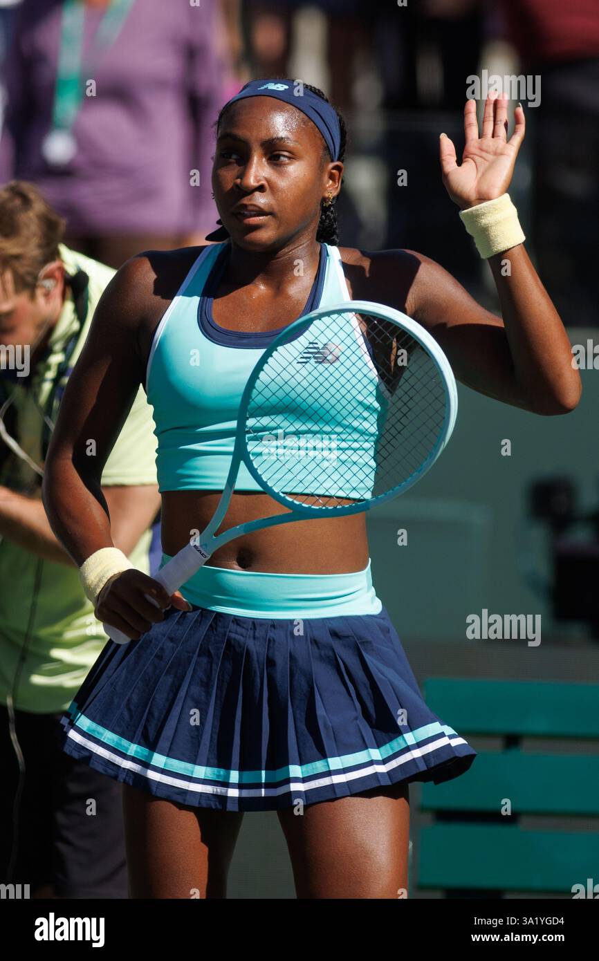 March 10, 2025 Coco Gauff (USA) waves to the crowd after her round 3