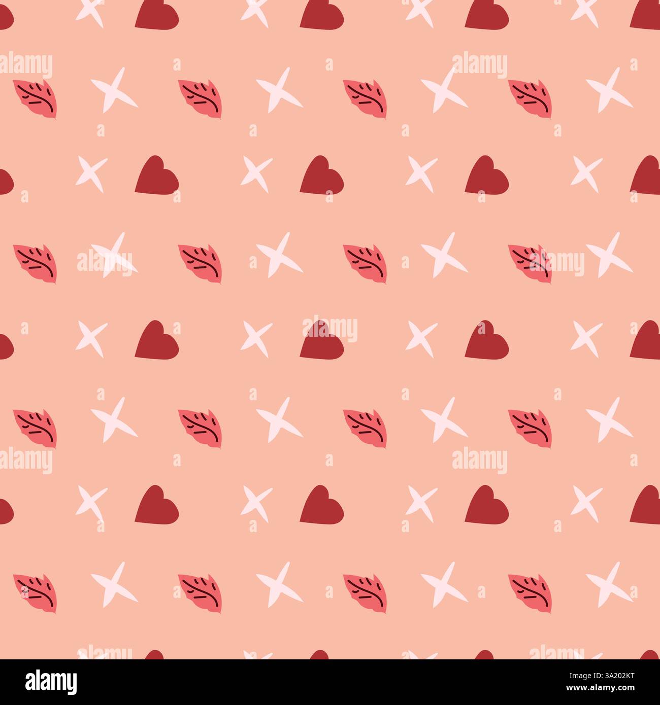 Seamless pattern with hearts and leaves on peach background. Stock Vector