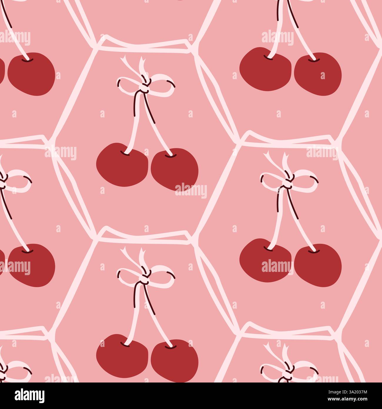 Seamless pink cherry pattern with hand-drawn style repeated design ...