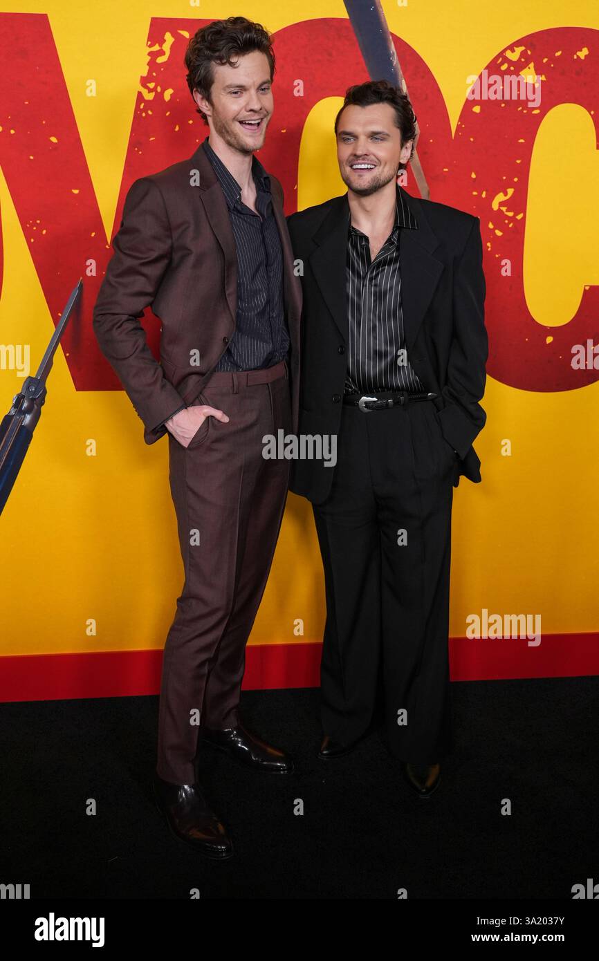 Jack Quaid, left, and Ray Nicholson arrive at the premiere of "Novocaine" on Monday, March 10