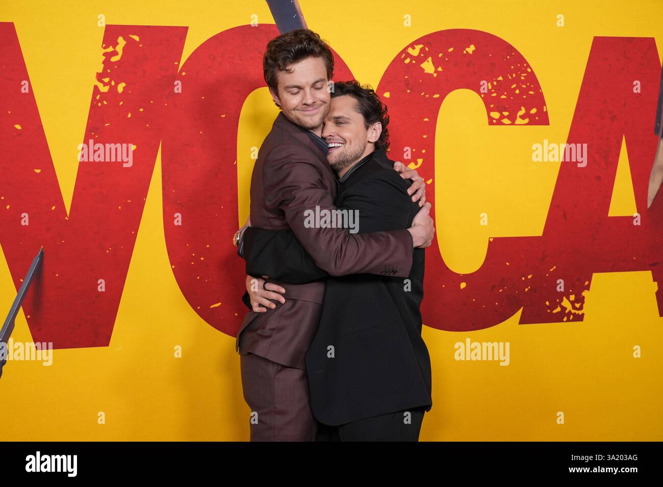 Jack Quaid, left, and Ray Nicholson arrive at the premiere of "Novocaine" on Monday, March 10