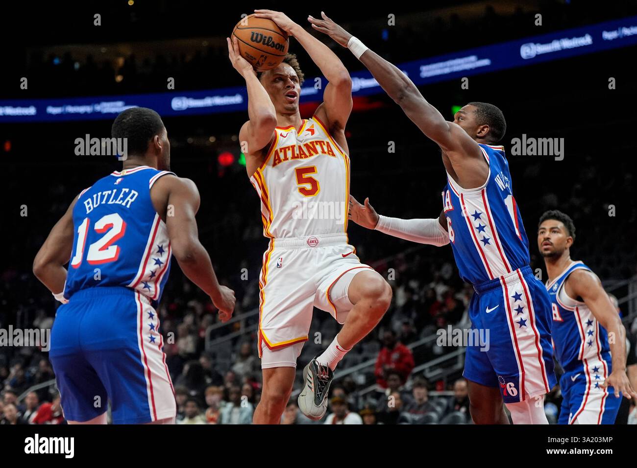 Atlanta Hawks guard Dyson Daniels (5) drives against the Philadelphia 76ers during the first