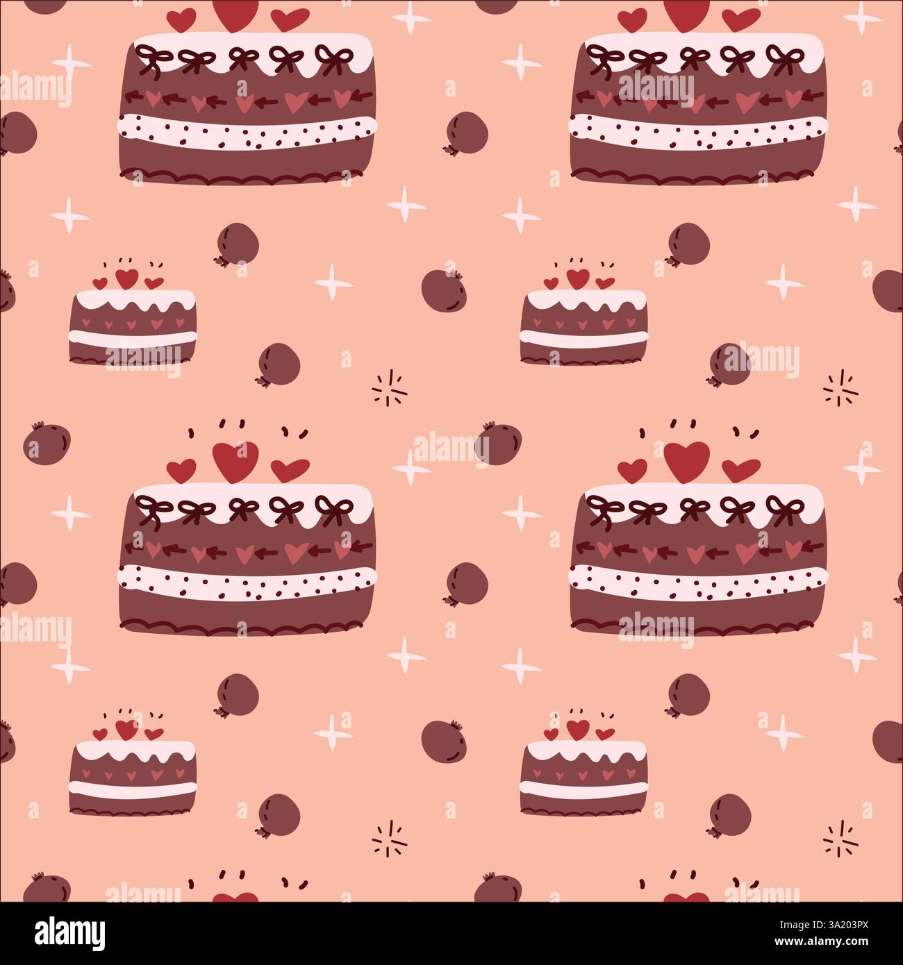 Seamless cake pattern with hearts and decorative elements on pink background. Stock Vector