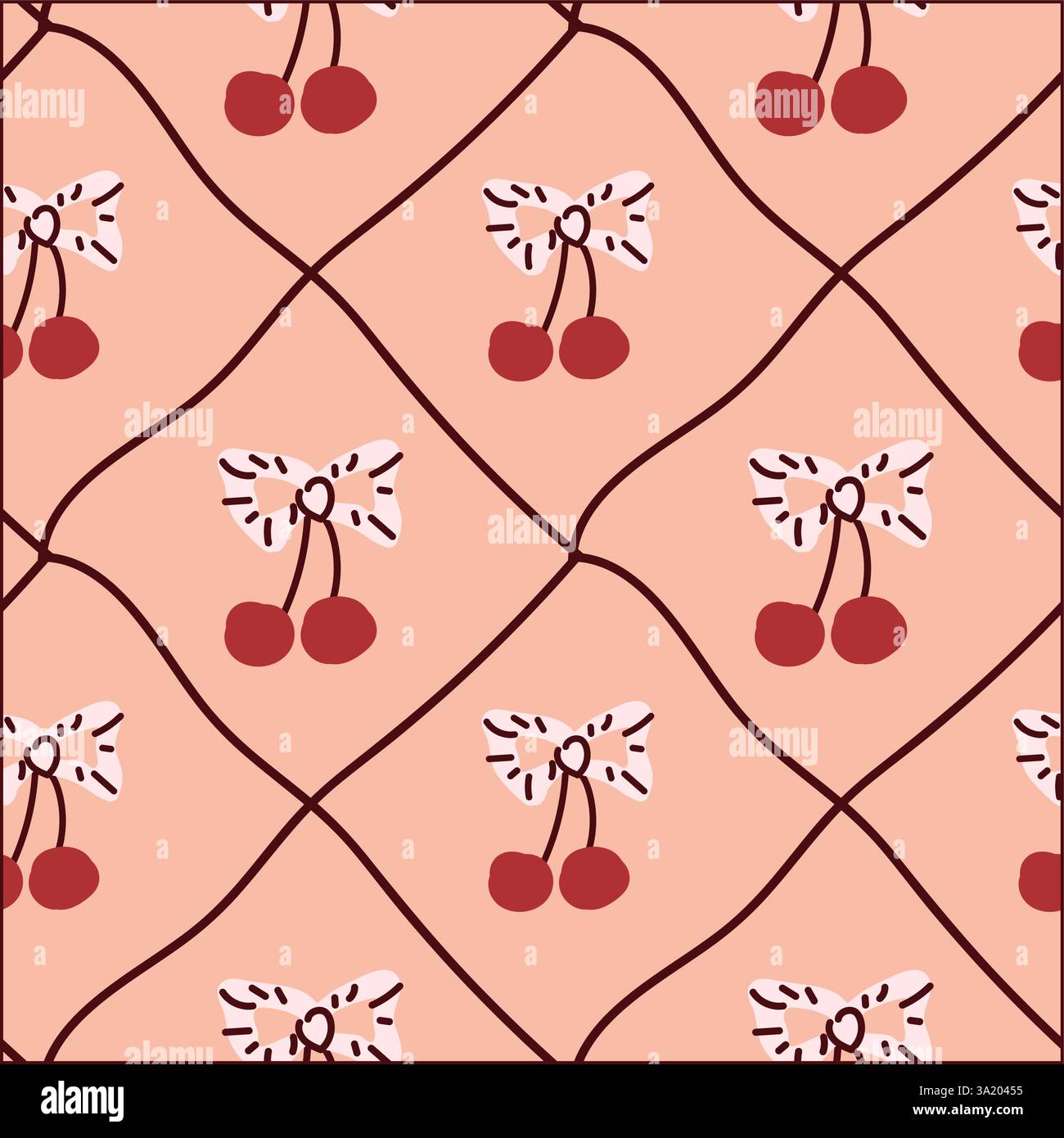 Seamless cherry pattern with bow on geometric background. Stock Vector