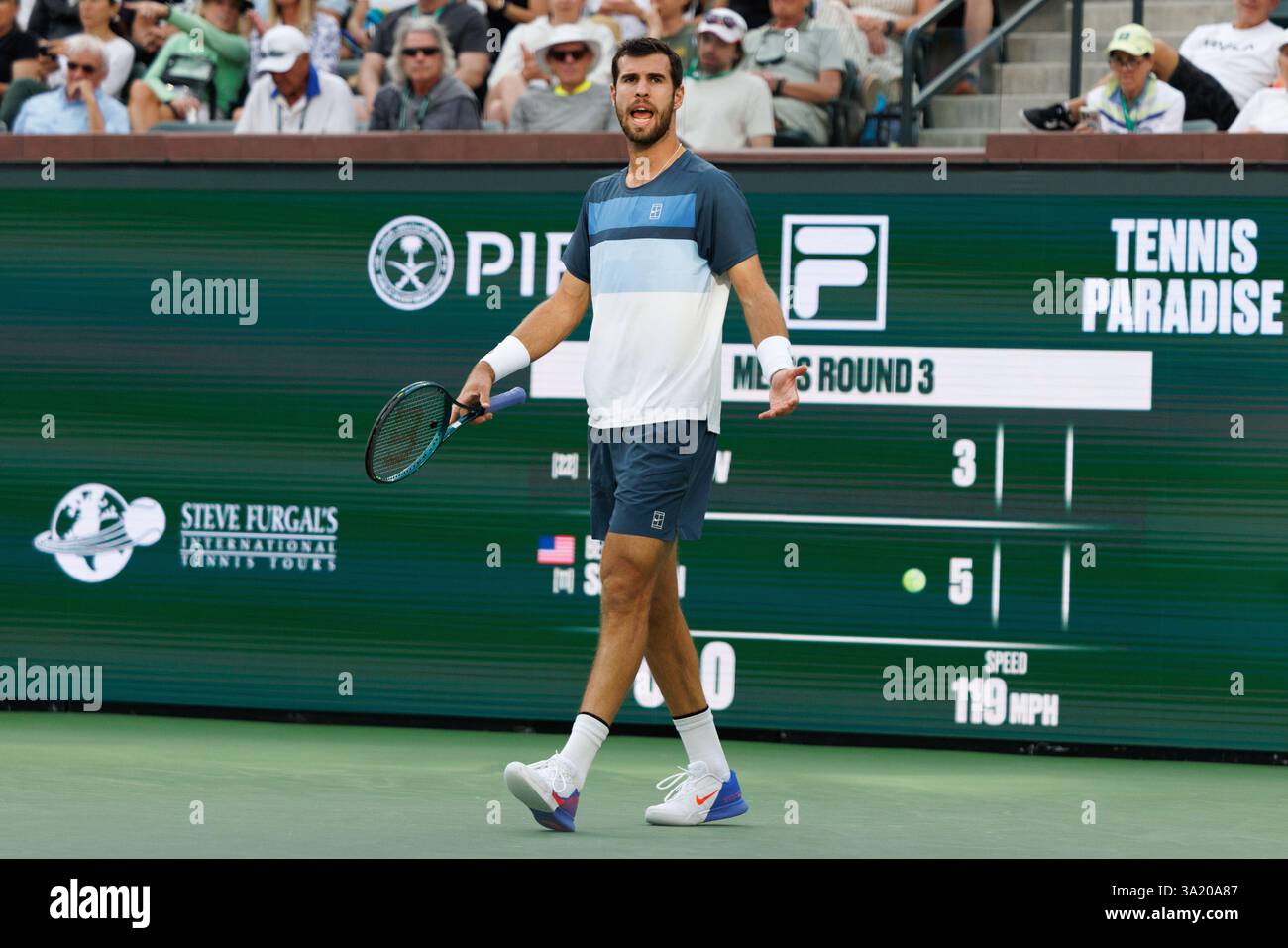March 10, 2025 Karen Khachanov reacts during the round 3 match against