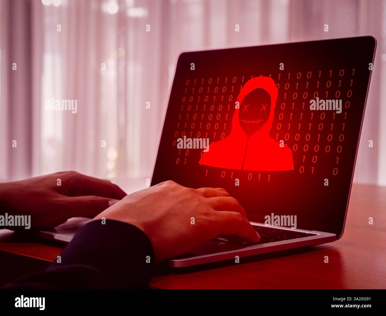 Remote access scam, hacker, digital online cyber crime concept. Red scammer icon with binary code, hacked on laptop computer desktop screen, scammers Stock Photo