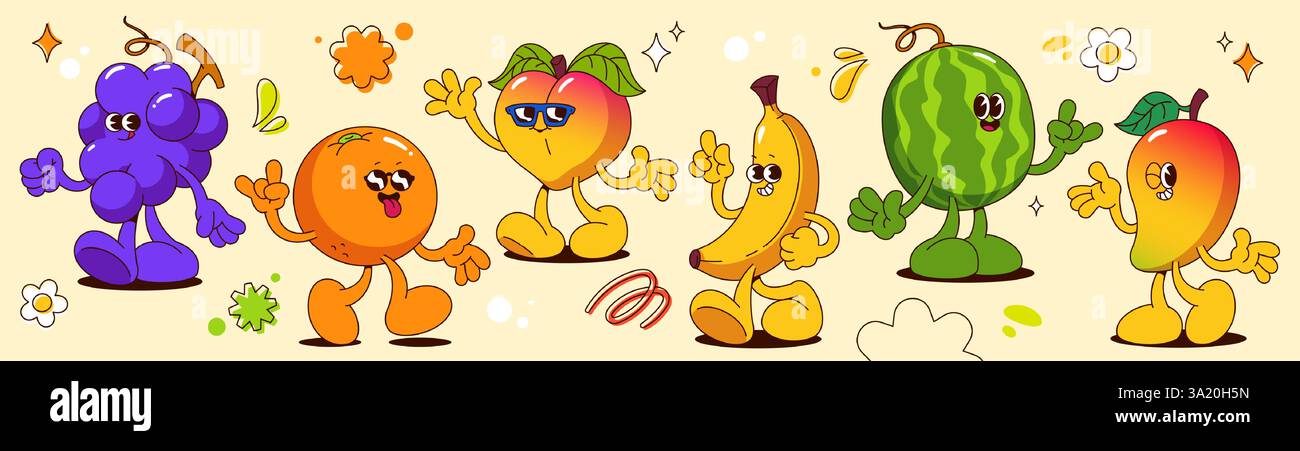 Groovy fruit characters set isolated on background. Vector cartoon ...
