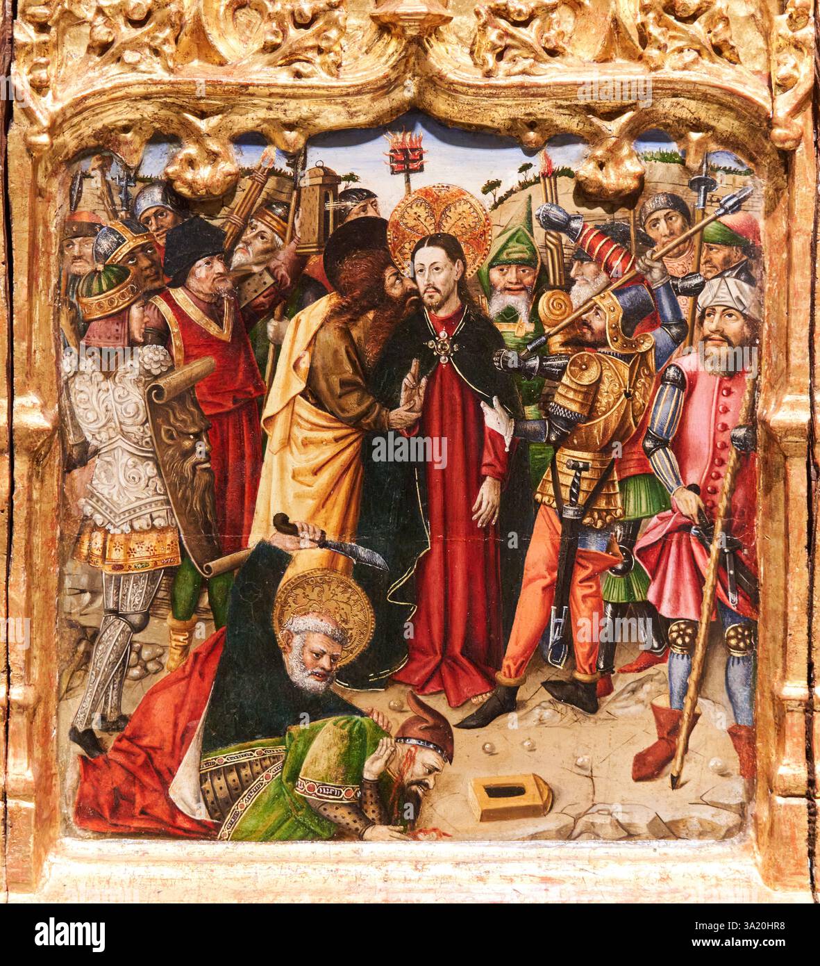 Predela con escenas de la Pasión de Cristo: Prendimiento de Cristo, Oil on board, JOAN REIXACH (doc. in Valencia between 1431 and 1486), Museo de Bell Stock Photo